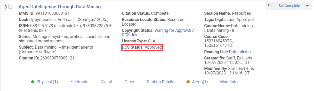 The DCS citation status.