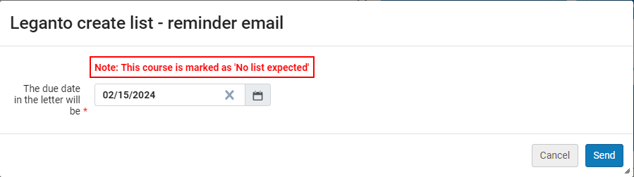 L'alerte Pas de liste attendue sur la fenêtre Création de liste Leganto - e-mail de rappel.