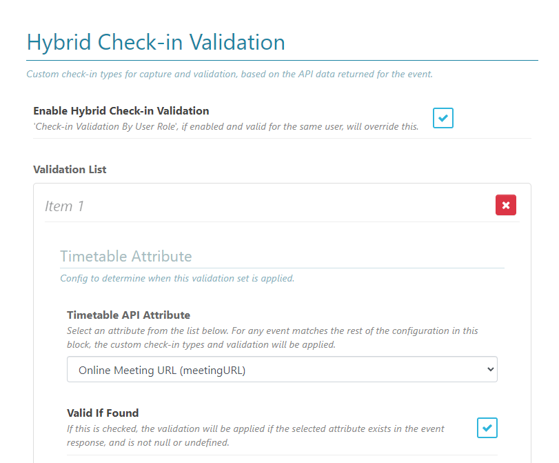 Hybrid Check-in Validation settings when the feature is enabled.