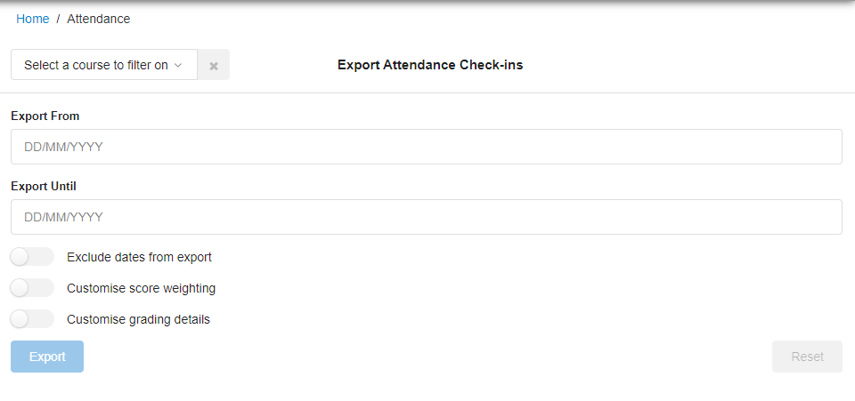 Check-in History Export Options.