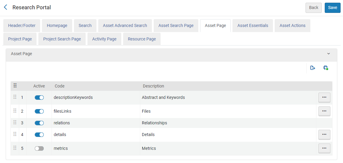 Asset Page tab on the Research Portal Configuration page.