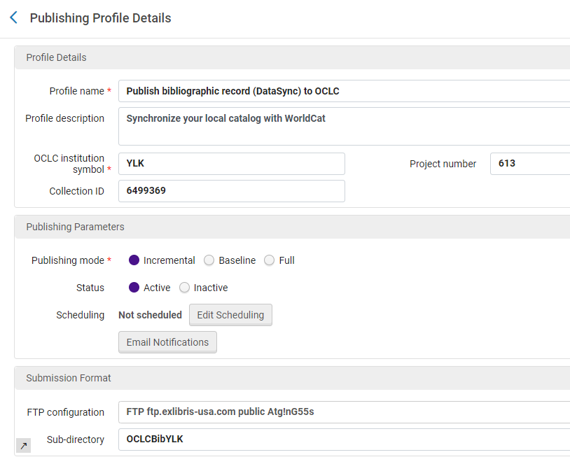Publishing Profile Details - WorldCat Configuration Page
