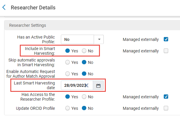Researcher settings dialog pane with Active Researcher Profile option set to yes.