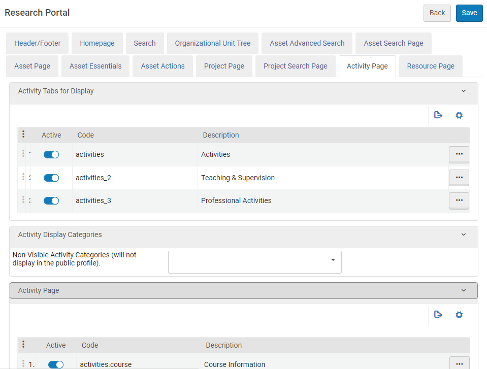 Activity Page tab on Research Portal Configuration.