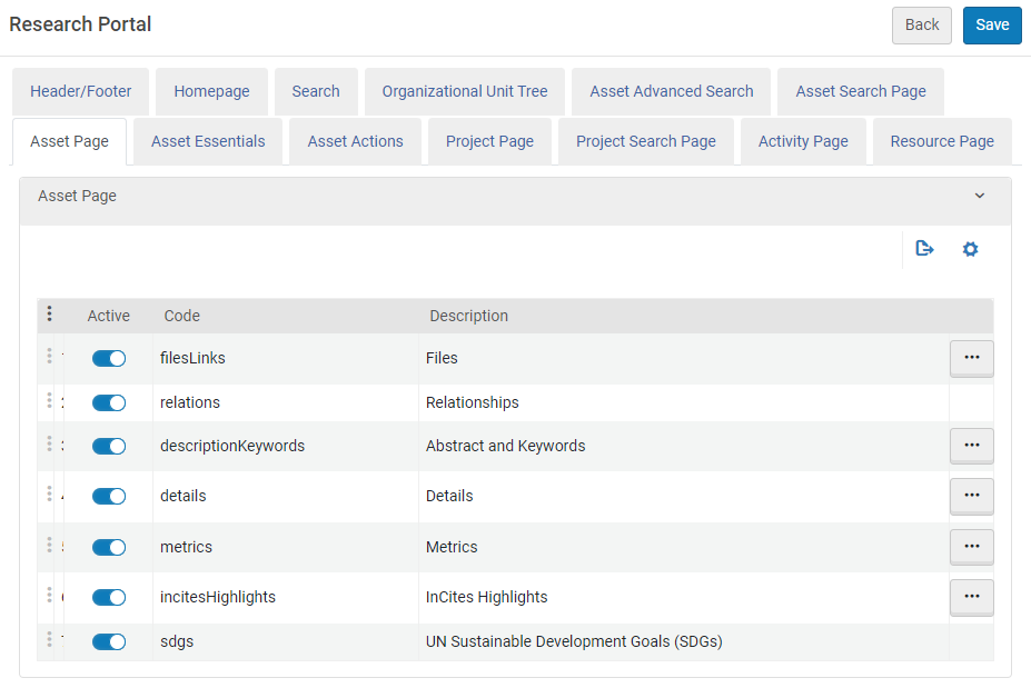 Asset Page tab on the Research Portal Configuration page.