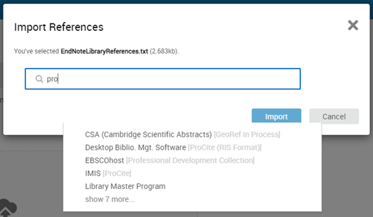 Import References modal search for format.