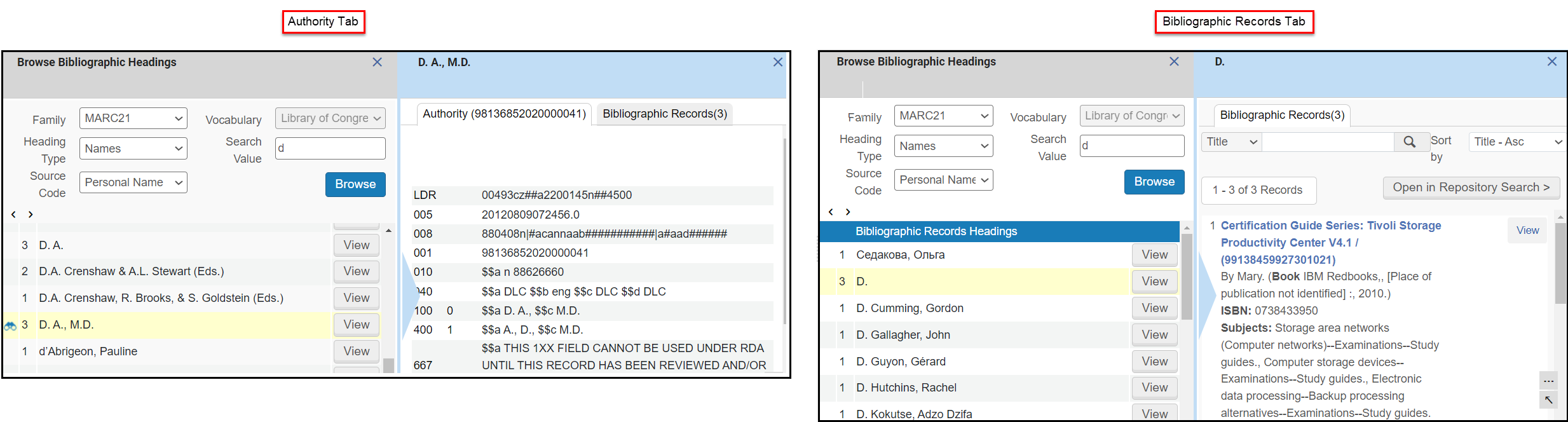 Browse BIB Headings displaying both Authority and Bibliographic Records tabs