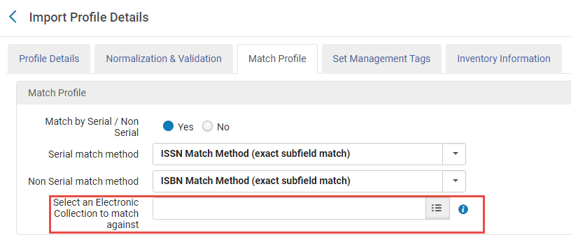 Select an Electronic collection to match against option