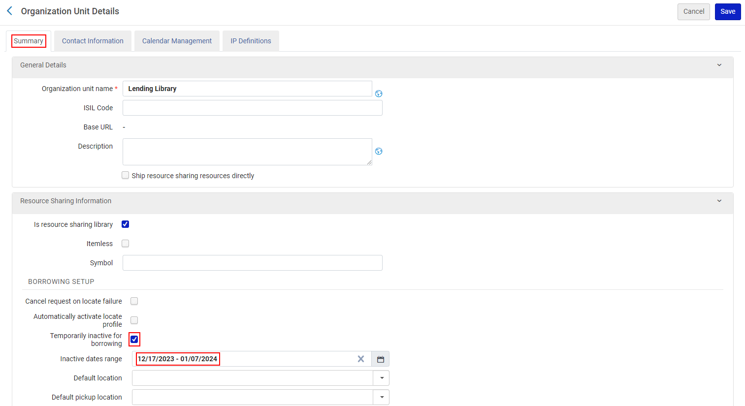 The inactive dates range settings in the Organization Unit Details page.