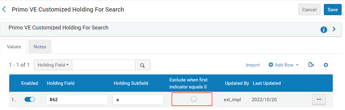 Exclude when first indicator equals 0 checkbox per private field in the Primo VE Customized Holdings for Search mapping table.
