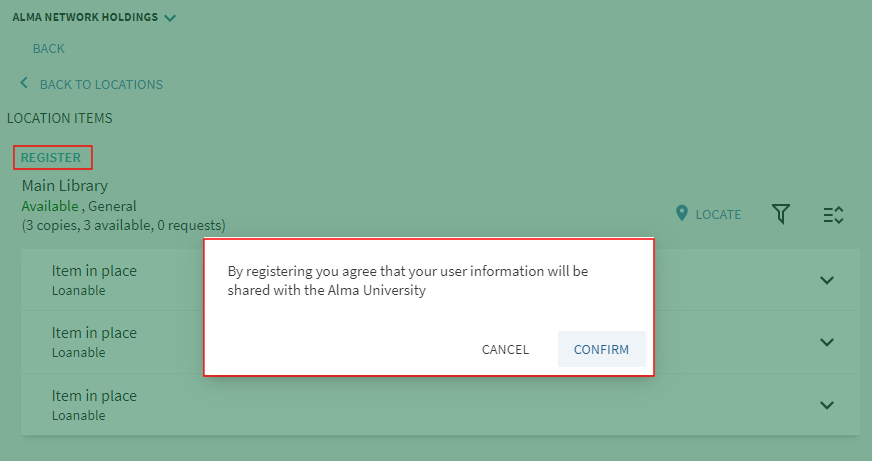 Option to confirm or cancel the registration request.