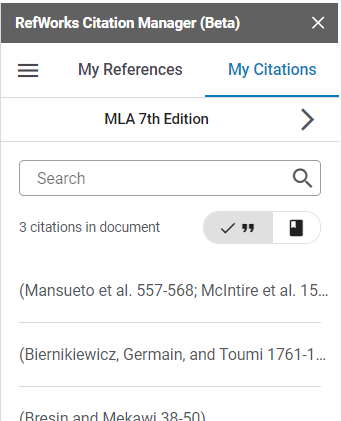 RCM for Google Docs My Citations page.