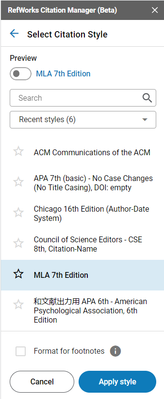 RCM for Google Docs Select Citation Style page.