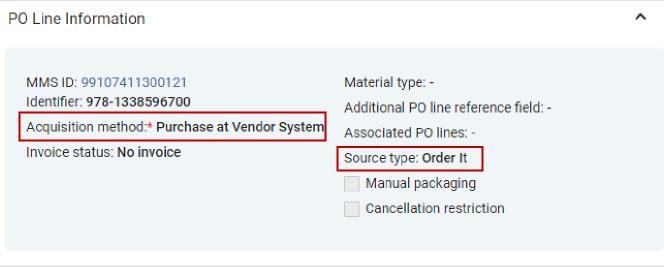 The Acquisition method and Source type fields highlighted in the PO Line Information page.