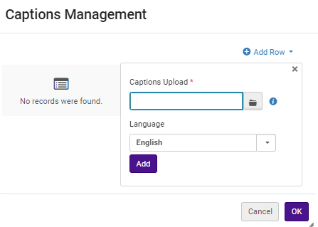 The captions management dialog box with a field to select a file and a drop-down list to select a language.