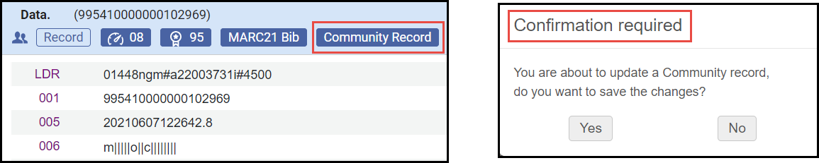 Community Record Badge displayed and Warning message confirming edit of CZ record