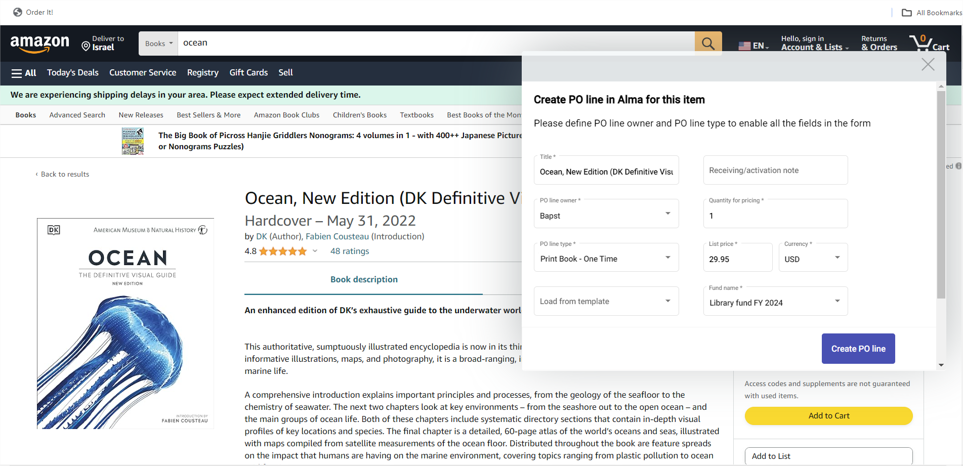 在Amazon订单项目页面中创建订单行弹出窗口。
