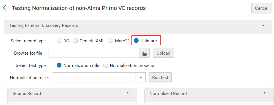 Unimarc option on the Testing Normalization of non-Alma Primo VE records page.