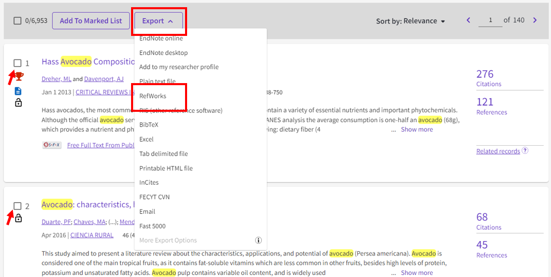 RefWorks Export from Web of Science - search results page.png