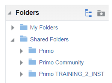 Screenshot showing the folders available in Primo VE Analytics