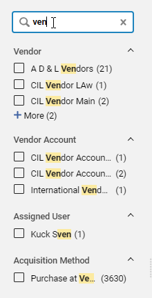 The Find specific facet field with "ven" entered.