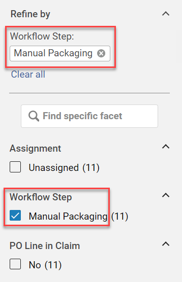 The Workflow Step value selected in the facet and displayed in the Refine by area.