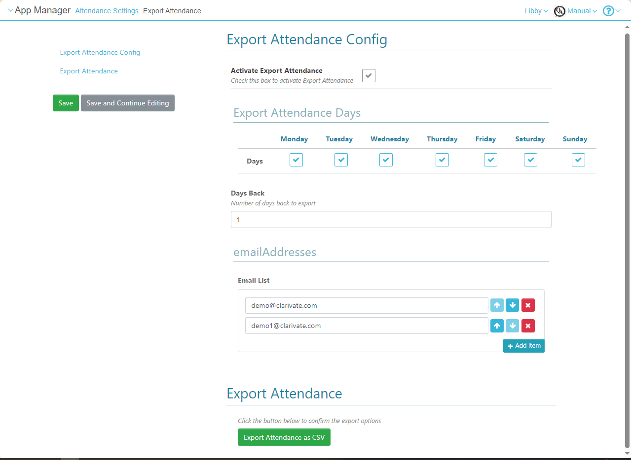 Controls for Exporting Attendance Data.