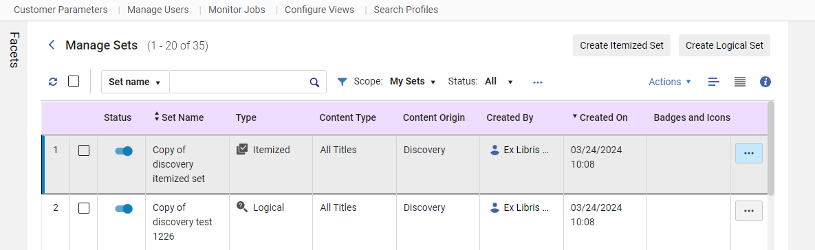 Table View Display in Manage Sets page