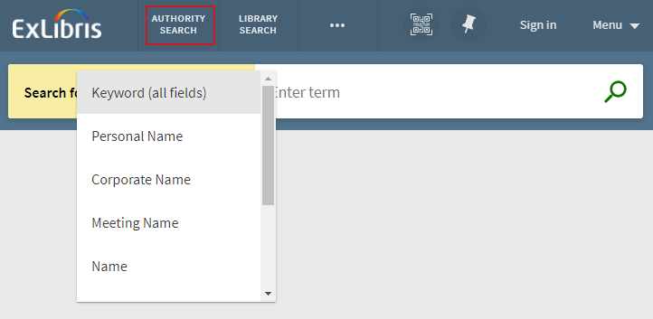 Authority Search page with search field selector.