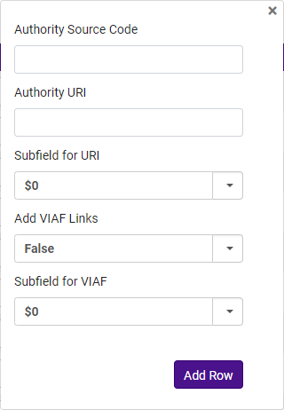 Add Row dialog window enabling users to manually add URIs to enrich MARC records if there is already a URI in the $0/$1.