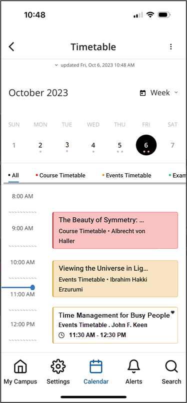 New Calendar Screen with Events from Multiple Feeds and the current time marked.