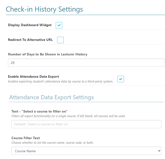 Top of the Attendance Check-In History configuration settings.