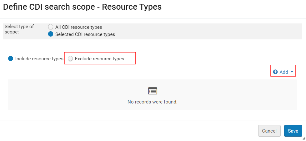 Added the Exclude resource types option to the Define CDI Search Scope - Resource Types page.