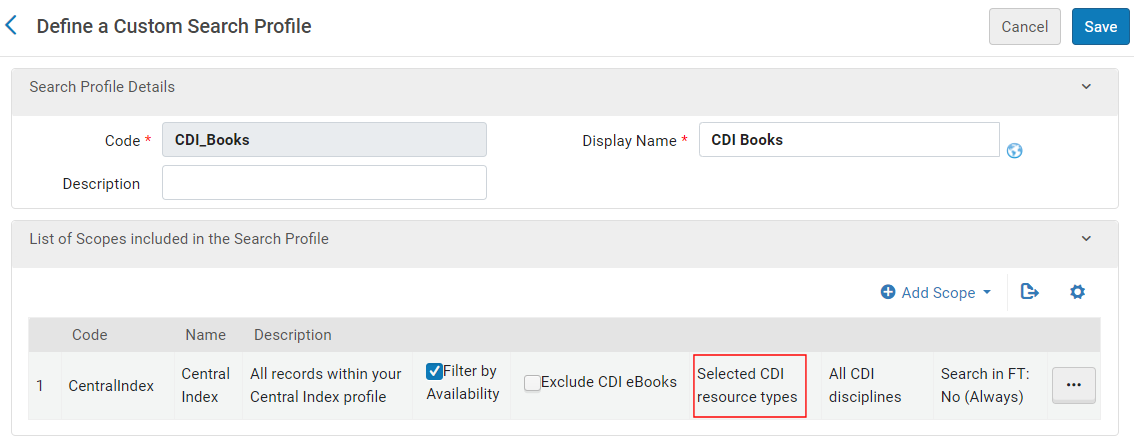 CDI Search Profile with selected resource types.
