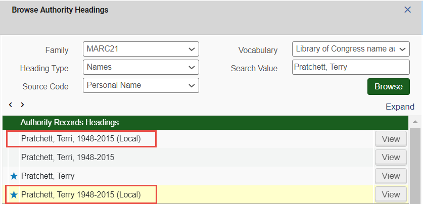 Local Authority Indication with "Local" indication in Browse Authority Headings screen