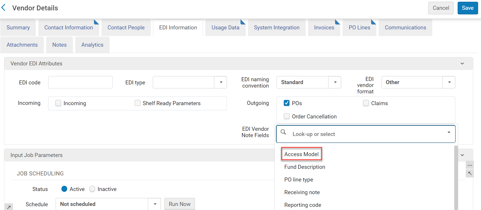 The Access Model for EDI option in the drop down list.