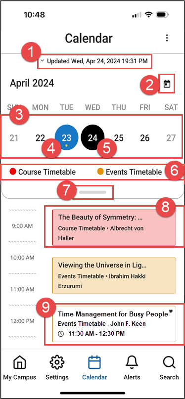 Calendar page in week view, showing a day that is not the current day, with a course, a registered event, and an unregistered favorite event scheduled in it. 