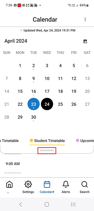 Calendar in Month view, showing the bar below the dates that can be dragged up to open week view.