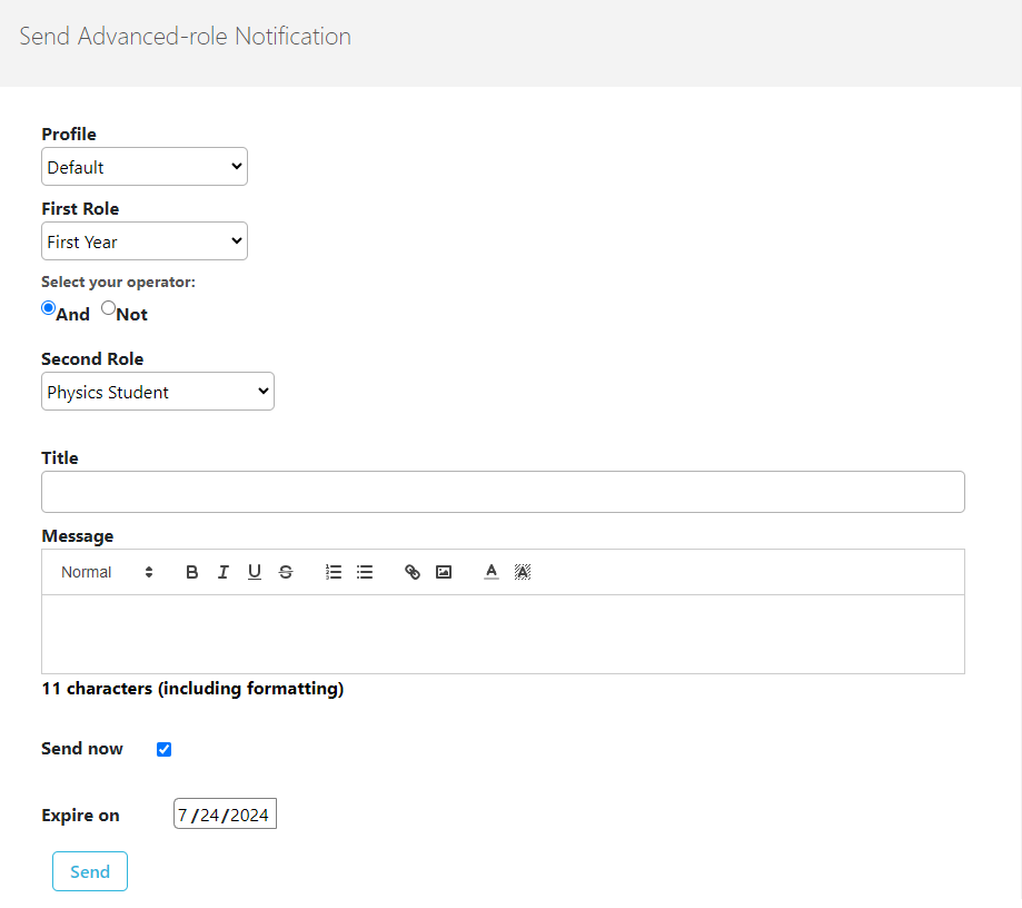 Send Advanced Role Notification page, with the roles selected.