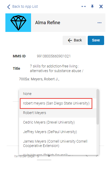Alma Refine displaying ORCID matching options with current affiliations