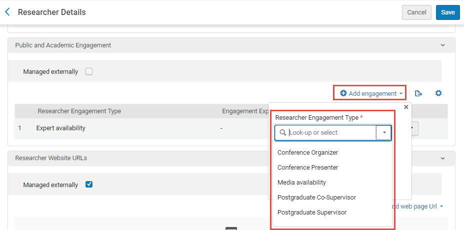 Dropdown list of Engagement types from which admins can choose when assigning engagement types to researchers.