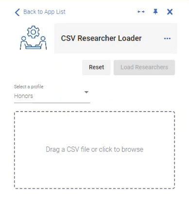 The CSV Researcher Loader when it is first opened in the side panel.
