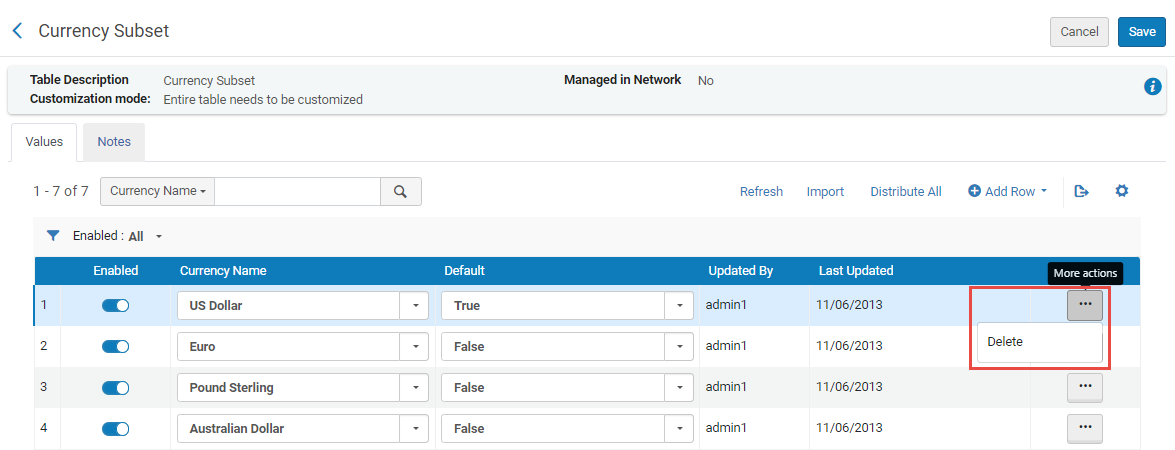 Delete Row in the configuration options screen - right sliding panel