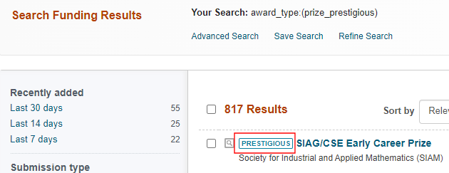 Funding Opportunity marked with the Prestigious indicator.