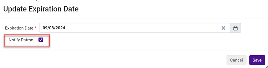 The Notify Patron checkbox in the Update Expiration Date box.