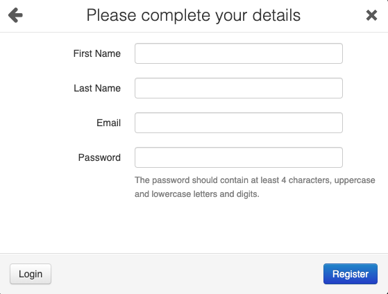 The dialog box in which the end-user creates login credentials by entering their name, email, and the password they want to use.