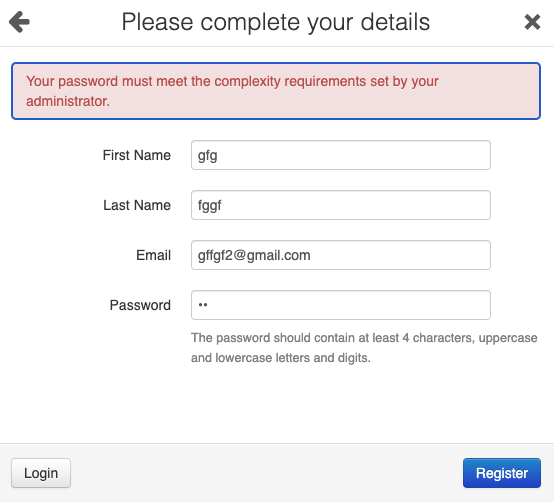 Error Message that Appears in the Dialog Box if the Password Entered by the User Does Not Meet the Requirements