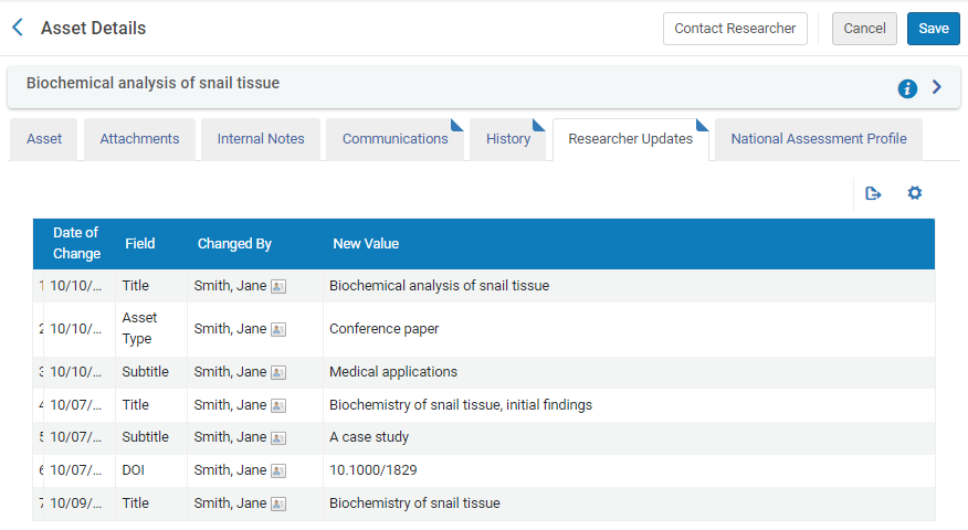 Researcher Updates tab of an asset.