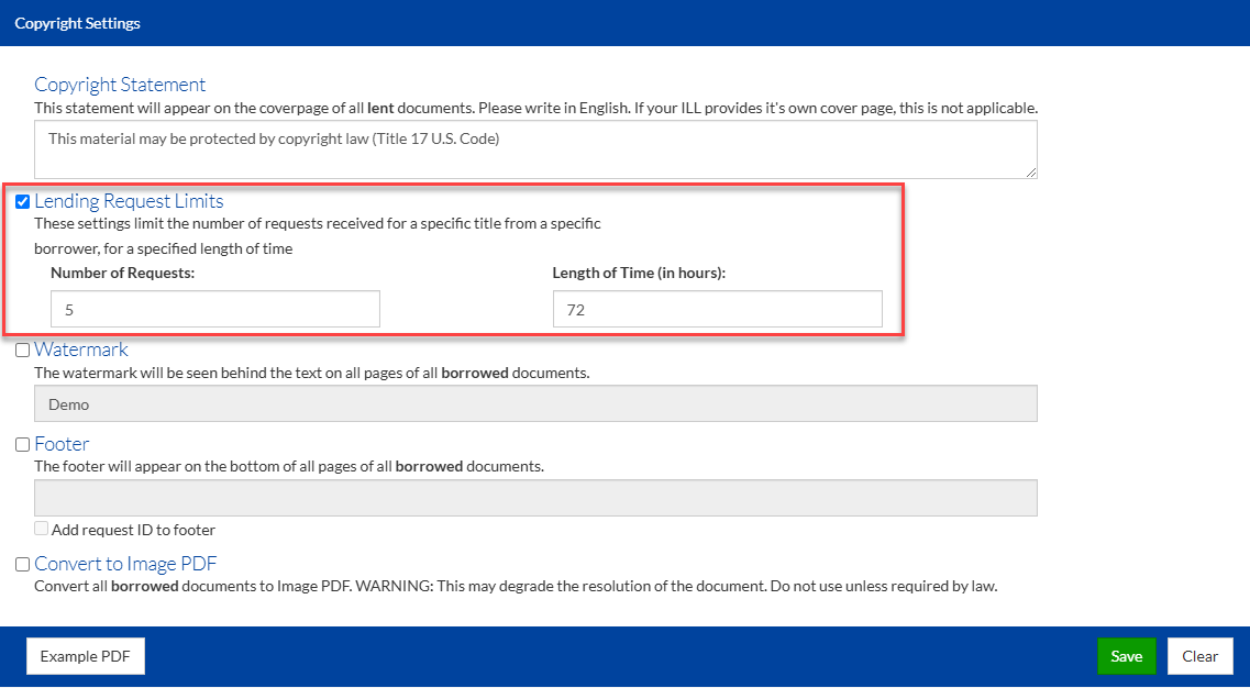 Lending request limits settings.