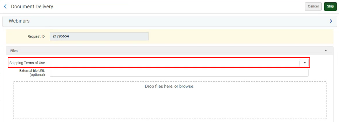 The shipping terms of use list on the document delivery form.